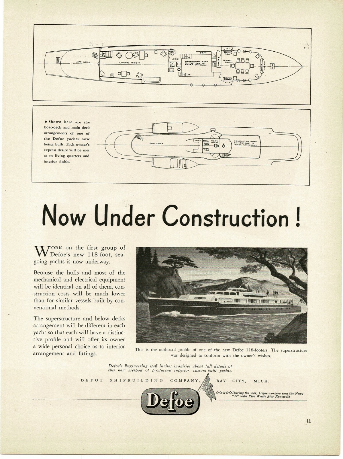 1946 DEFOE Shipbuilding Cruisemaster Yacht blueprint Vintage Print Ad