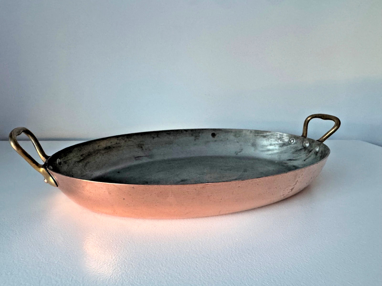 Vintage BonJour Copper Oval Au Gratin Pan /Roaster /Fish Skillet Brass Handles