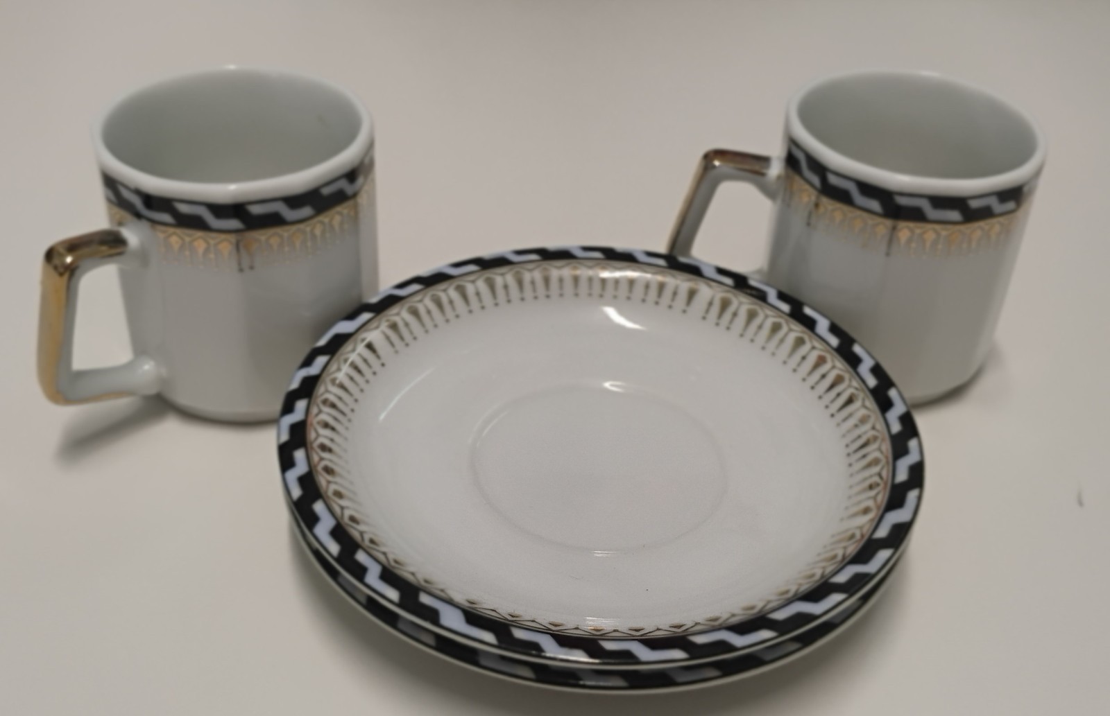Vtg Phoenix Ware Japan Art Deco Demitasse Cup Saucer Set Black White Geometric
