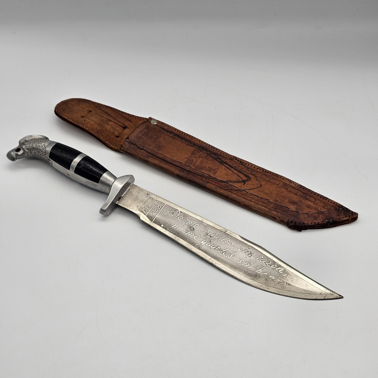 Vintage Mexican Bowie Knife Etched Blade Eagle Handle
