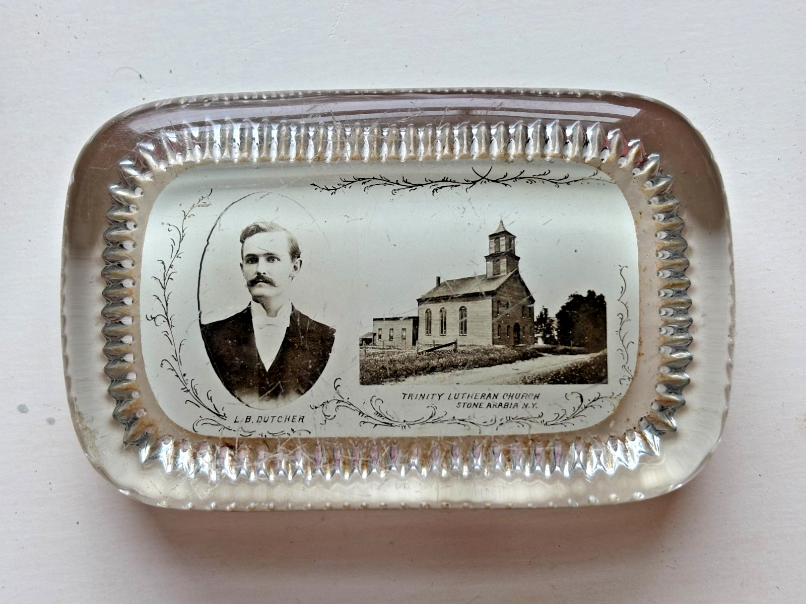RARE Antique glass paperweight TRINITY LUTHERAN CHURCH STONE ARABIA NY W/DUTCHER