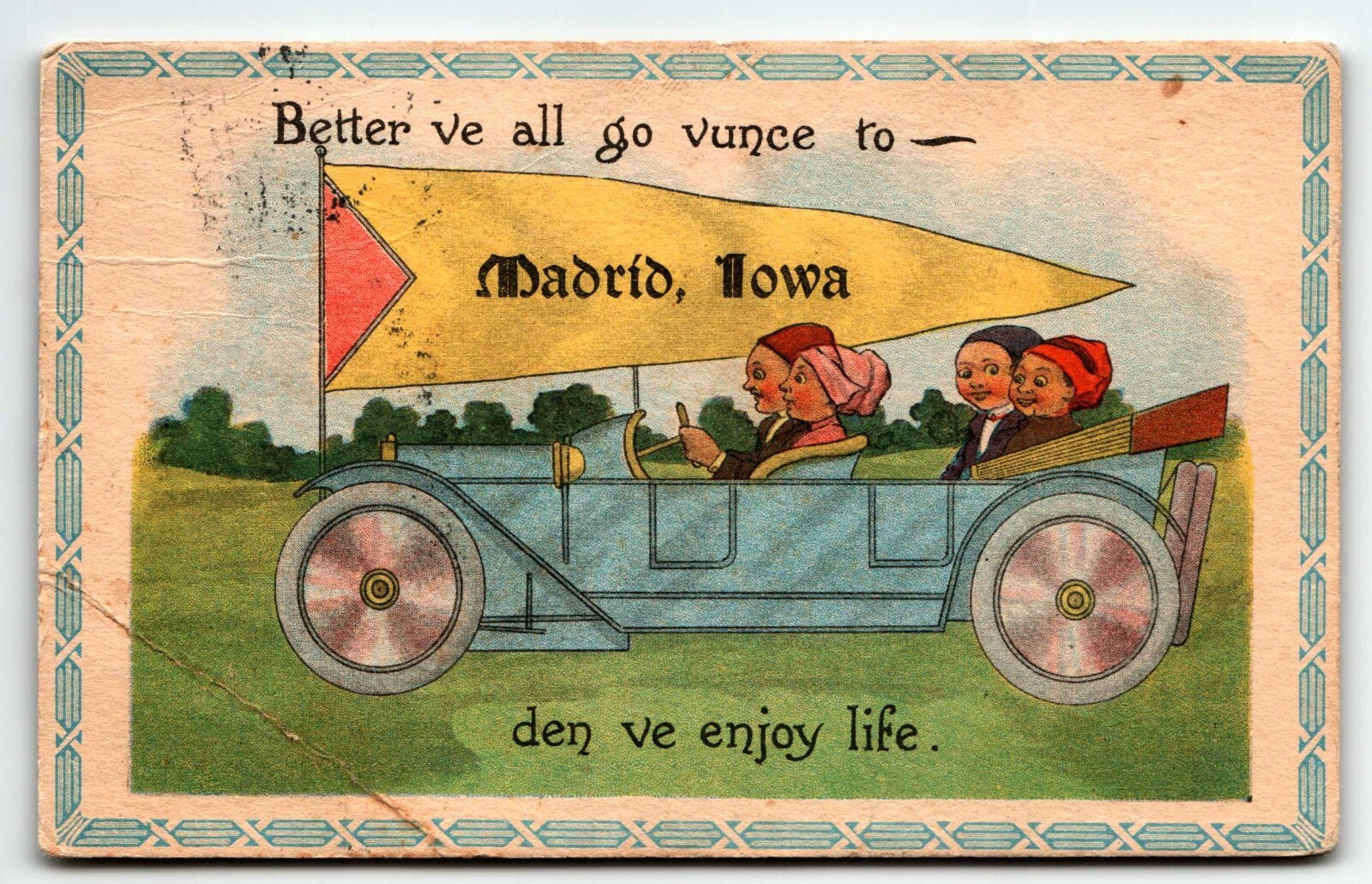 Cartoon Postcard Better ve all go vunce to Madrid Iowa den ve enjoy life PM 1916