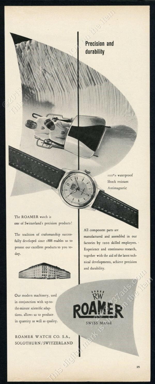 1956 Roamer Swiss watch photo bobsled team track photo vintage print ad