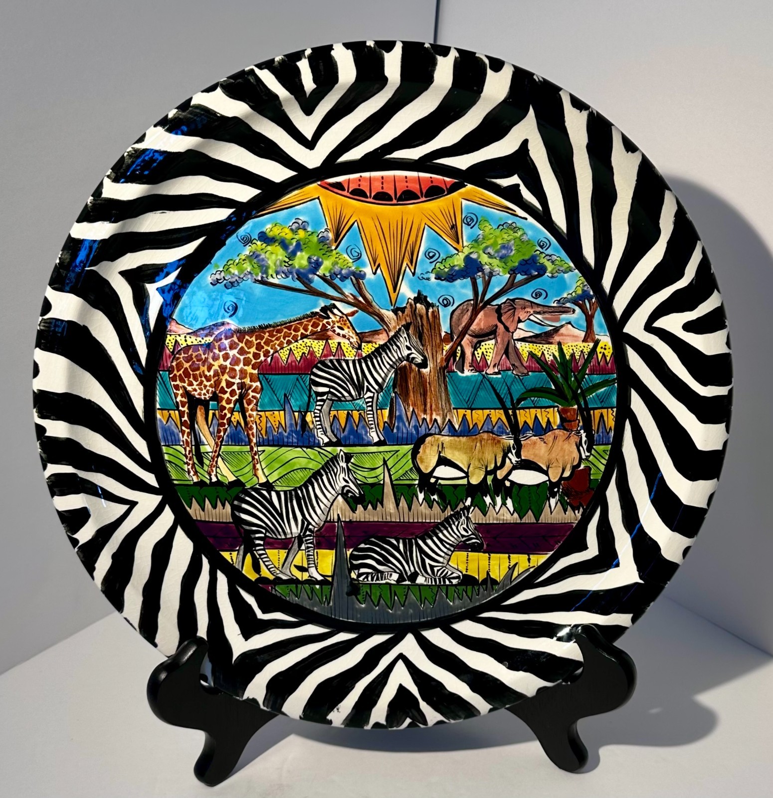 Vintage Penzo Pottery Hand-Painted Charger Plate Africa Zebra Giraffe Antelope