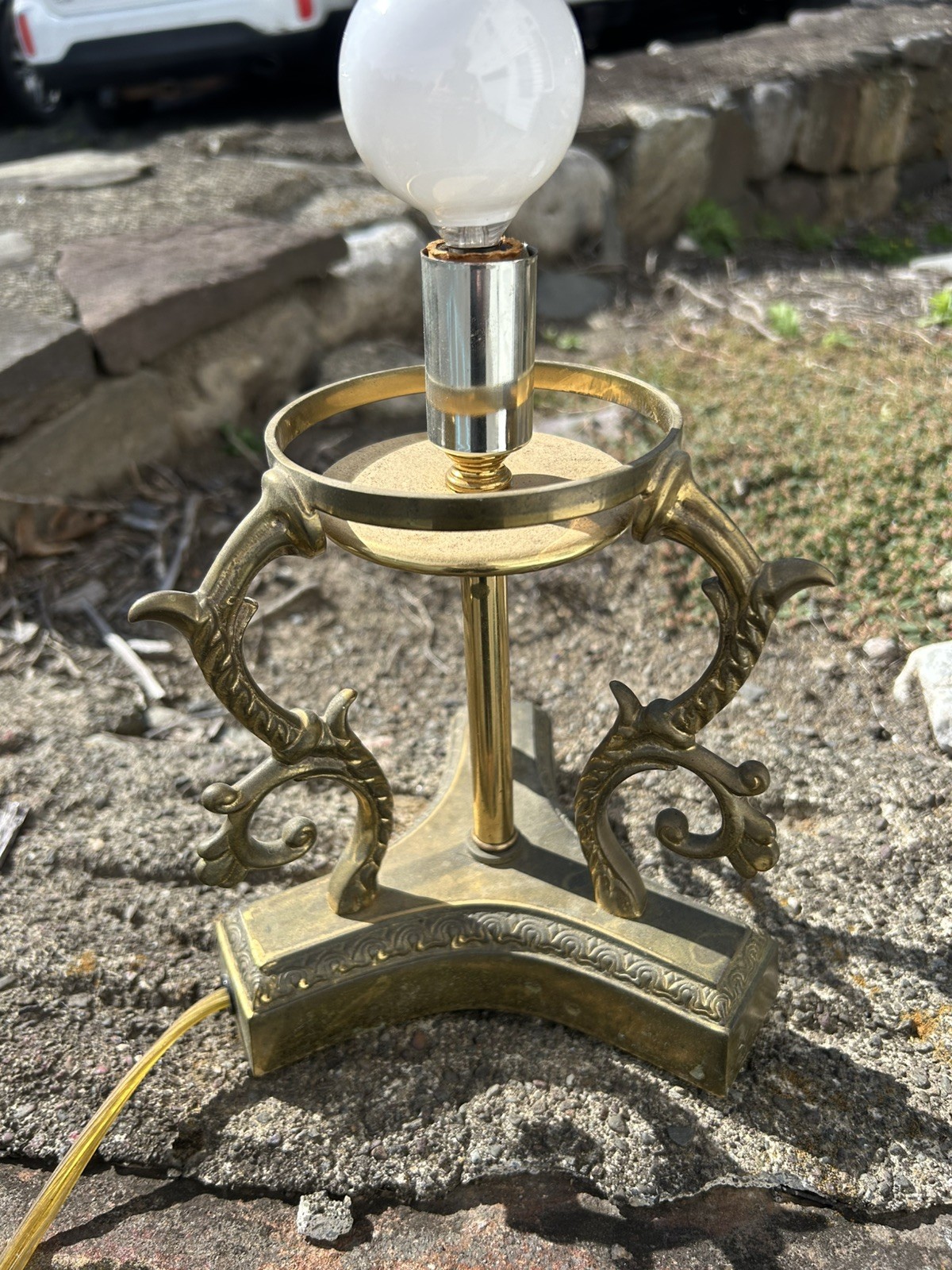 Vintage Solid Brass Rococo Tripod Base Table Lamp