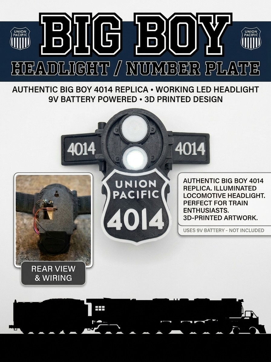 Union Pacific Big Boy 4014 3D Printed Headlight-Number Board Battery Powered Led