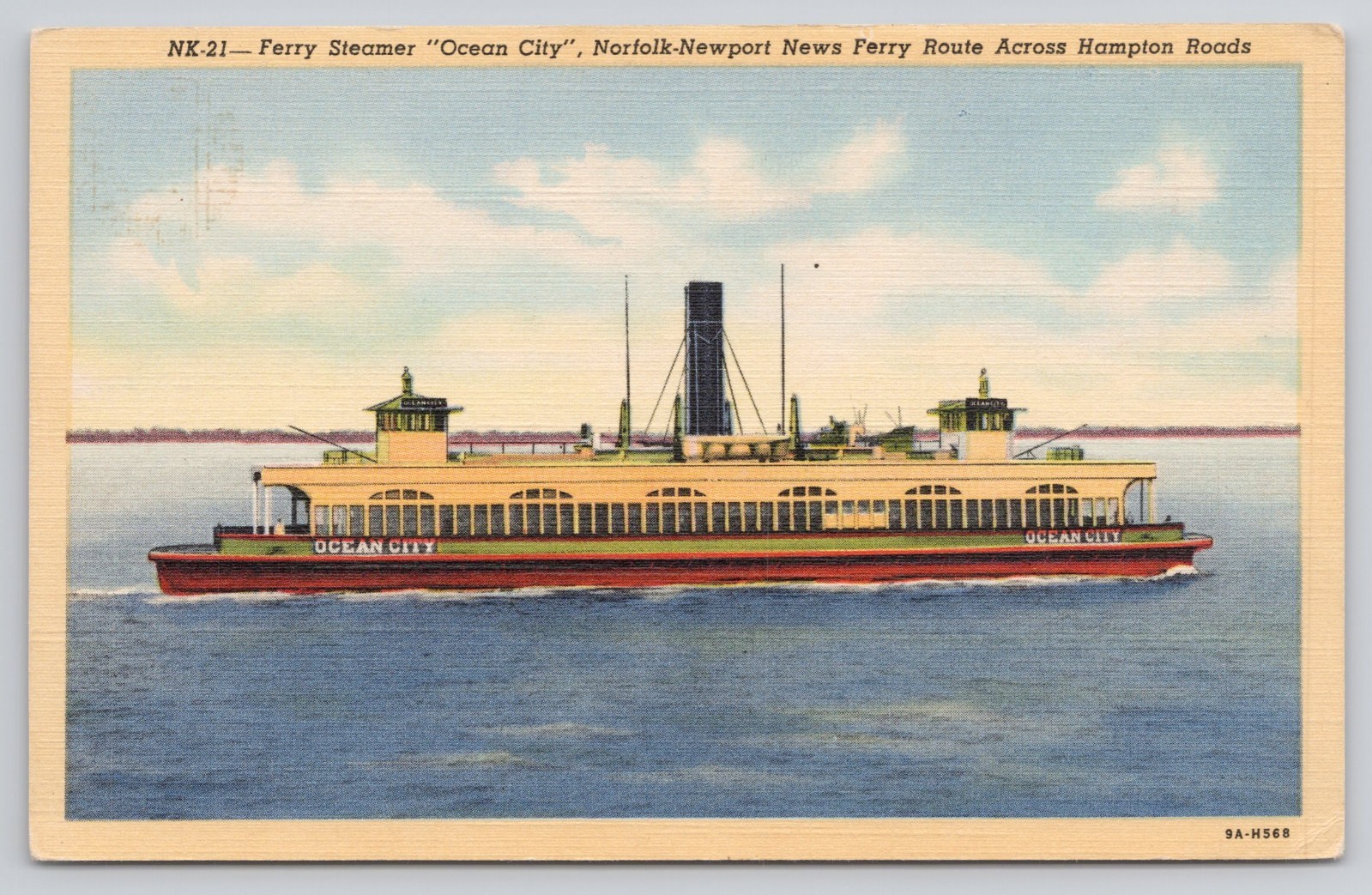Ferry Steamer Ocean City Norfolk-Newport News Route Hampton Roads Linen Postcard