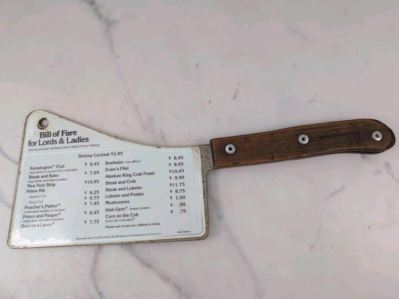1968 Steak and Ale Restaurants Cleaver Menu Bill of Fare for Lords & Ladies 1968 Steak and Ale Restaurants Cleaver Menu Bill of Fare for Lords & Ladies