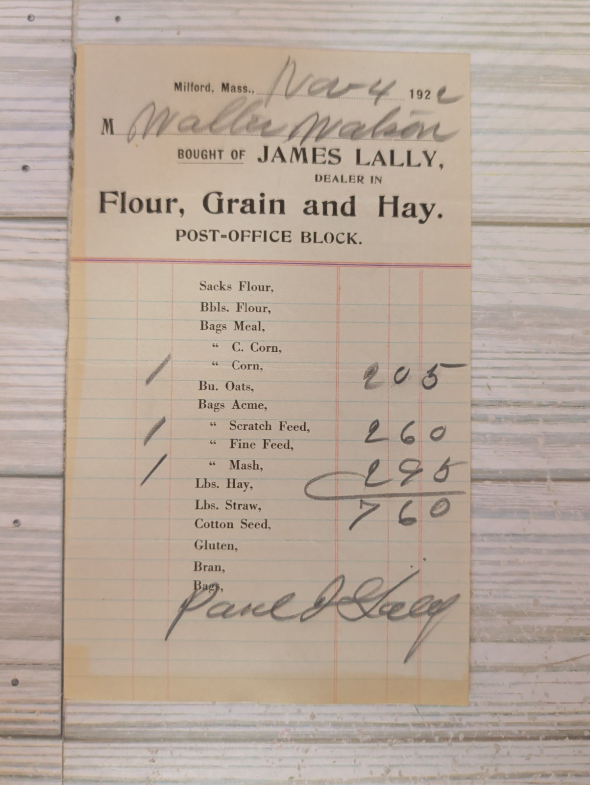1922 James Lally Flour Grain Hay Receipt Milford Mass Walter Watson Undertaker C 1922 James Lally Flour Grain Hay Receipt Milford Mass Walter Watson Undertaker C