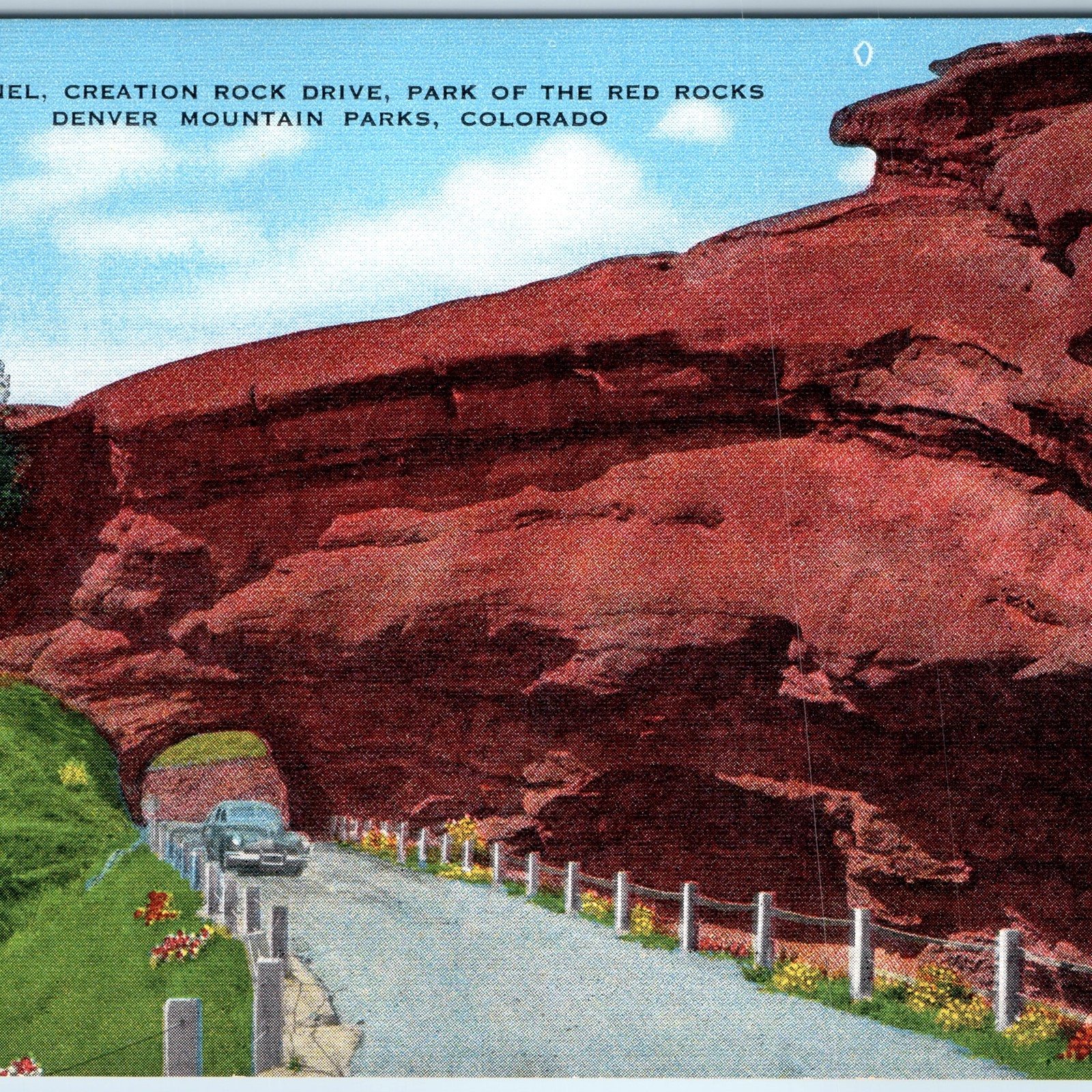 c1940s Denver, CO Creation Rock Drive Tunnel Red Rocks Linen Postcard Car c1940s Denver, CO Creation Rock Drive Tunnel Red Rocks Linen Postcard Car