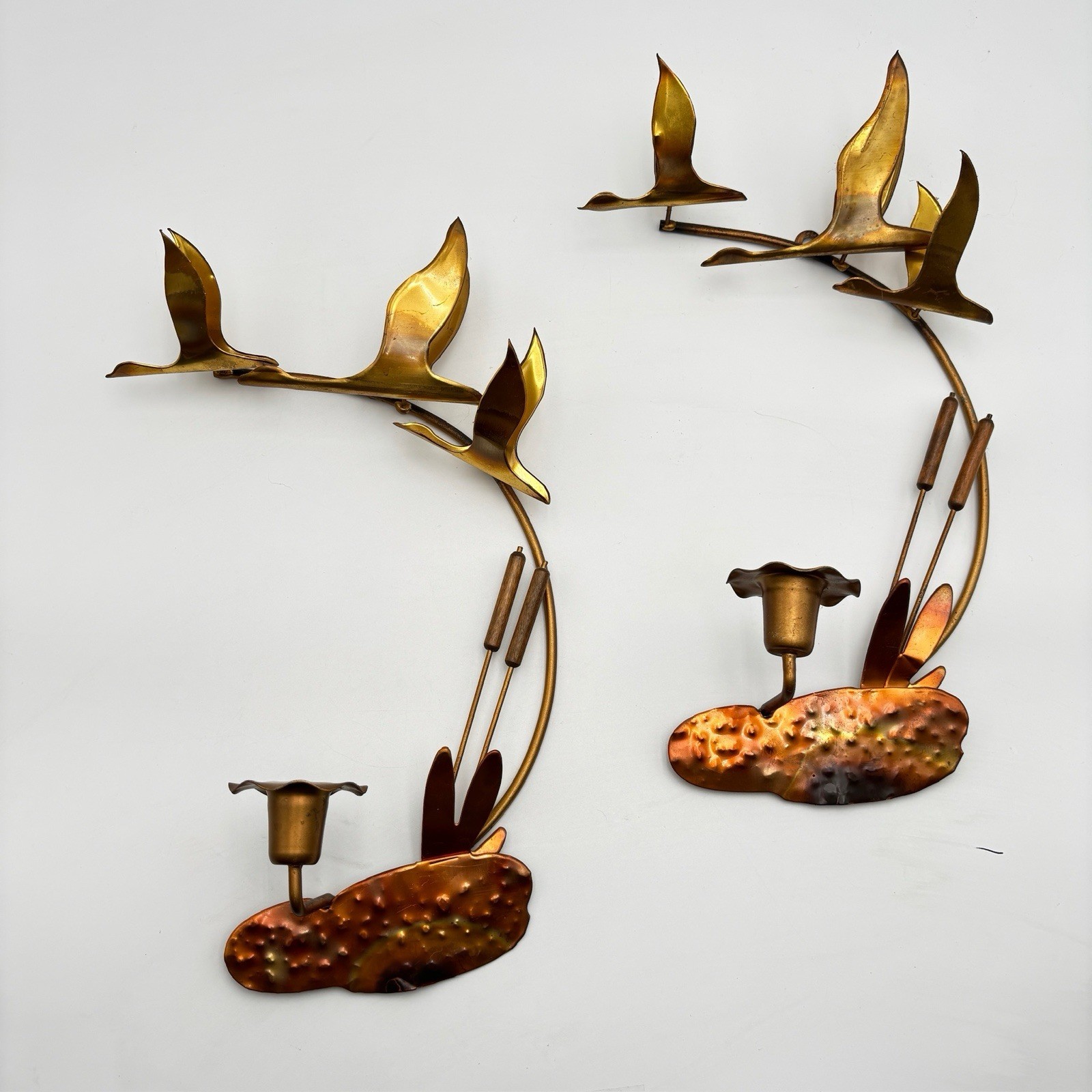 VINTAGE MCM Geese Flying Over Pond Brass Metal Wood Candle Stick Holders Wall VINTAGE MCM Geese Flying Over Pond Brass Metal Wood Candle Stick Holders Wall
