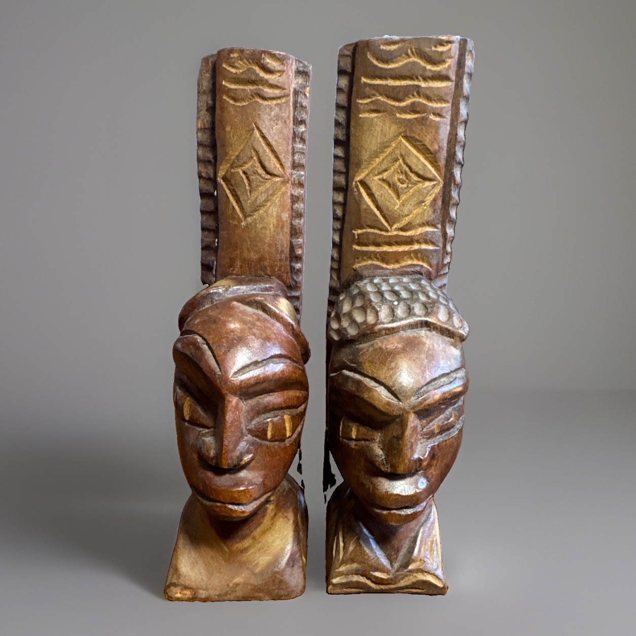 Vintage Hand Carved Wooden African Tribal Bust Bookends Pair Sculptural Art Boho Vintage Hand Carved Wooden African Tribal Bust Bookends Pair Sculptural Art Boho