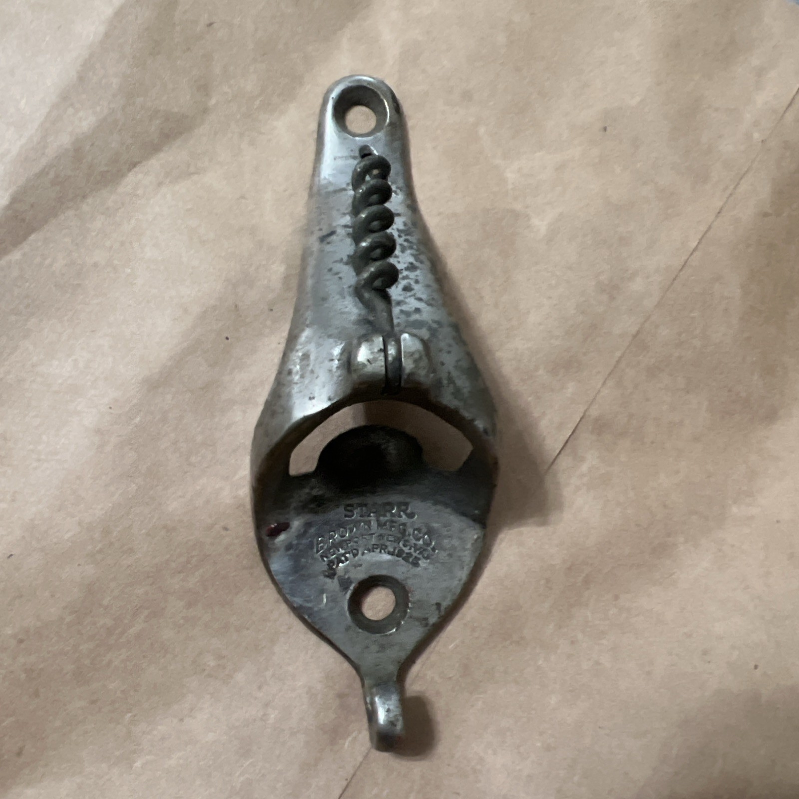 Vintage Starr Brown Mfg Newport News Wall Mount Bottle Opener Corkscrew 1925