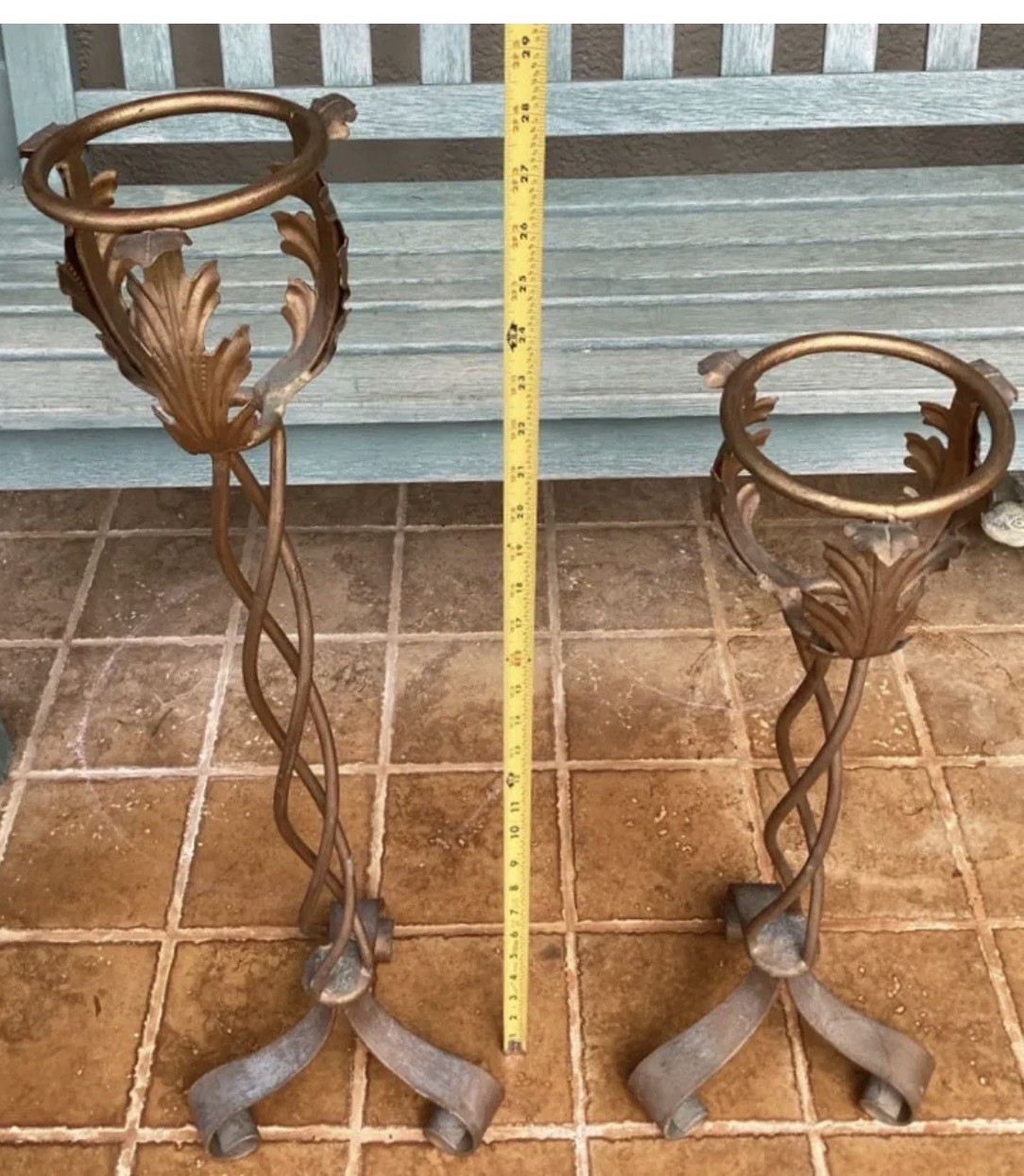 Pair Vintage Ornate Metal Floor Hurricane Candle Holders Acanthus Leaf Design