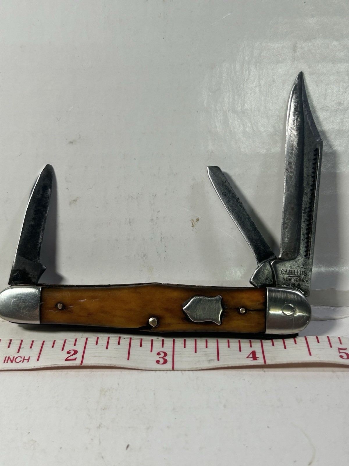 Vintage  Camillus #72 Stockman Pocket Knife USA 3 Blade Smooth Bone