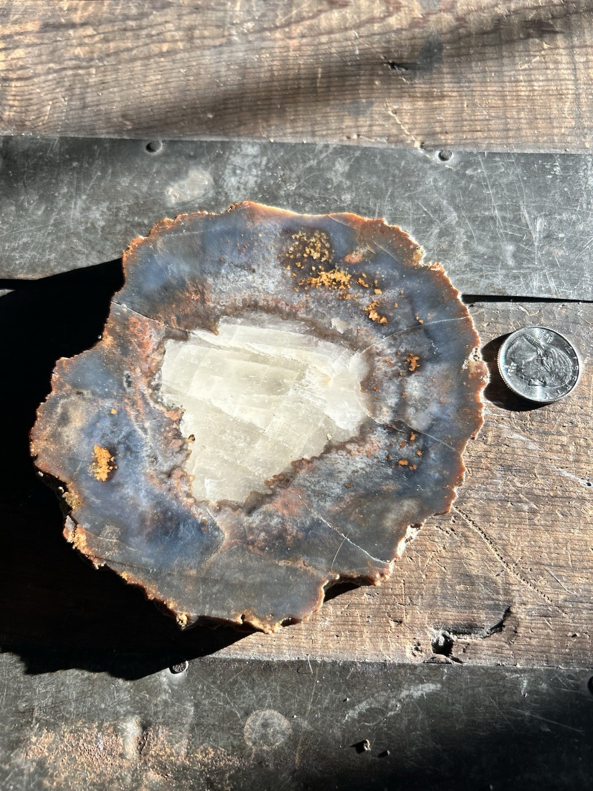 Large Striking Blue And Orange Agate Slice With Quartz Center 8.1 Oz