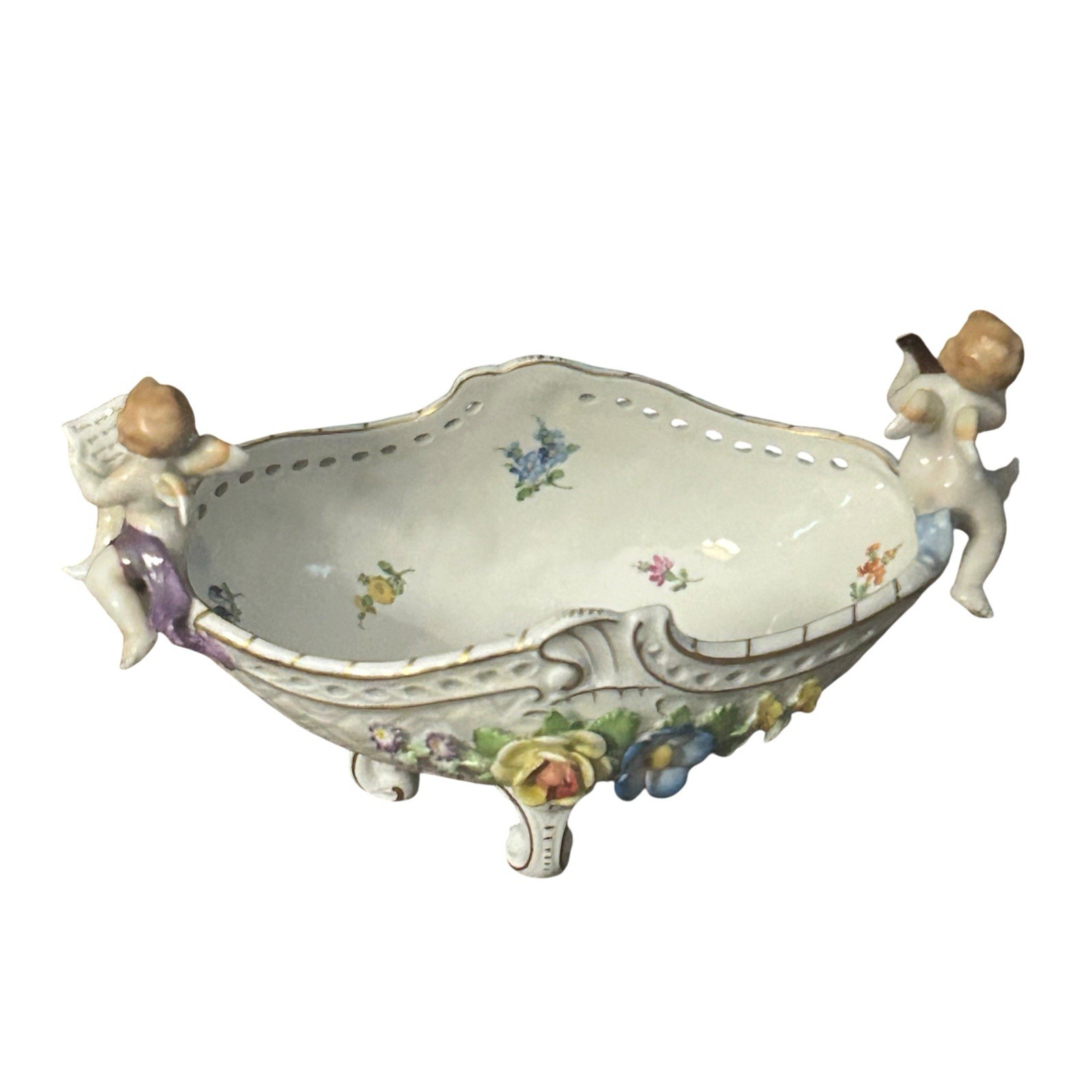 Antique Von Schierholz German Porcelain Cherub Centerpiece Bowl Applied Flowers
