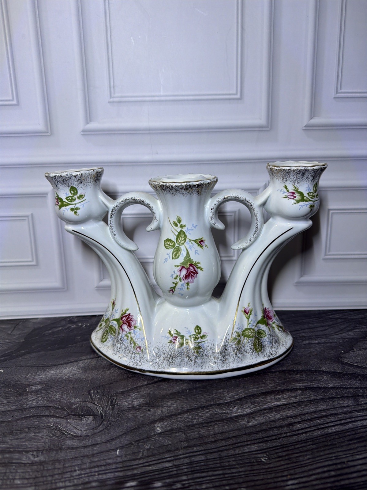 Vintage Chodziez Poland Porcelain 3 Arm Candelabra Iwona Pink Moss Rose