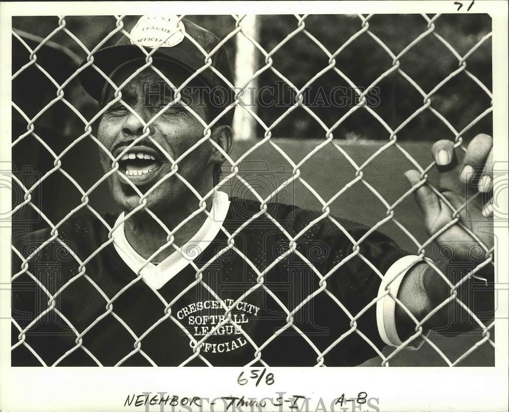 1979 Press Photo Crescent City Softball League President Carl Baham in Dugout 1979 Press Photo Crescent City Softball League President Carl Baham in Dugout