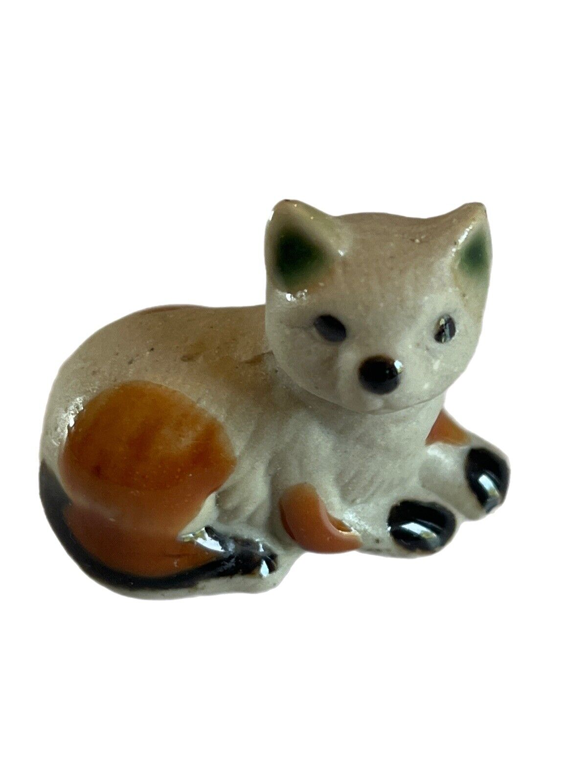 Vintage Miniature Bisque and High Gloss Ceramic Calico Kitten Kitty Cat Figurine