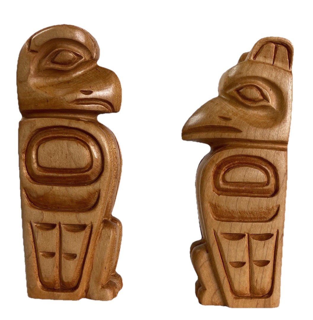 Vintage Northwest Coast Indigenous Wood Cedar? Carvings Raven Eagle Faded Sig.