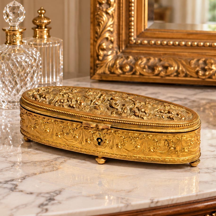 Small Antique French Jewelry Casket Box Gilt Metal Pastoral Relief Trinket Box Small Antique French Jewelry Casket Box Gilt Metal Pastoral Relief Trinket Box