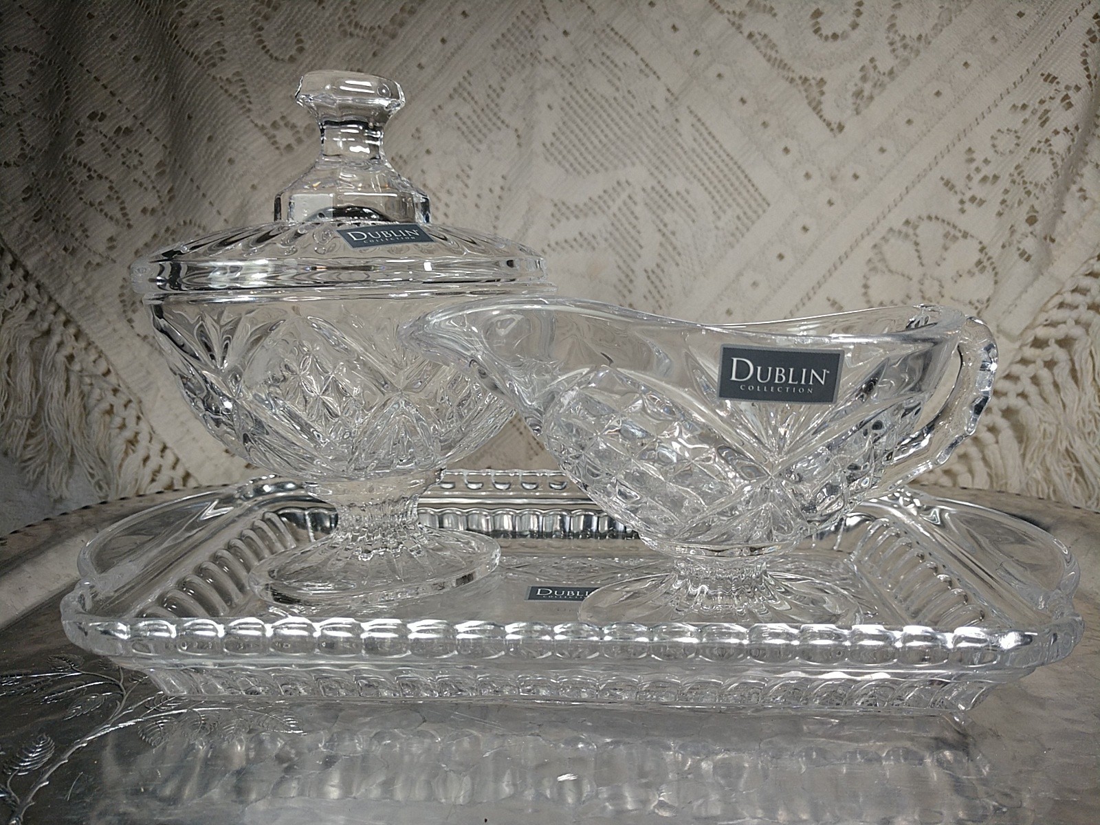 VTG X3-Shannon Godinger Dublin Ireland 24% Lead Crystal SUGAR CREAMER TRAY Trio