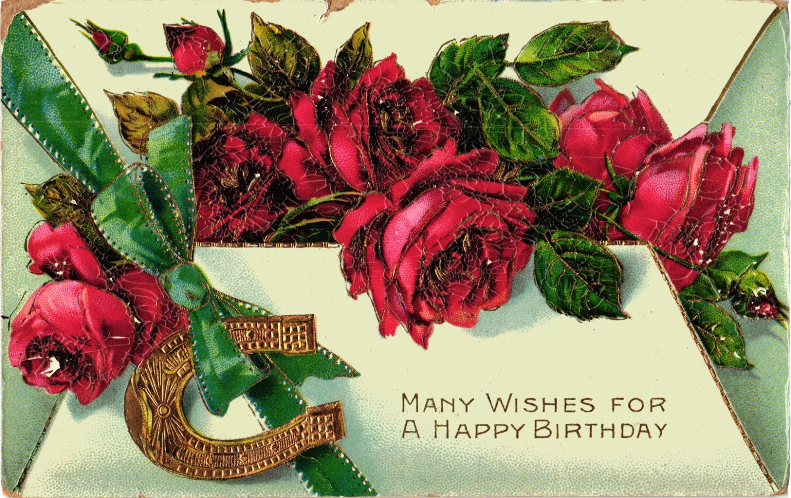 Many Wishes for a Happy Birthday Roses Embossed Postcard Posted Vintage