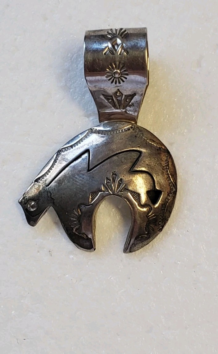 Vintage J C Delgarito tooled Sterling Bear Pendant ~ Native American Navajo