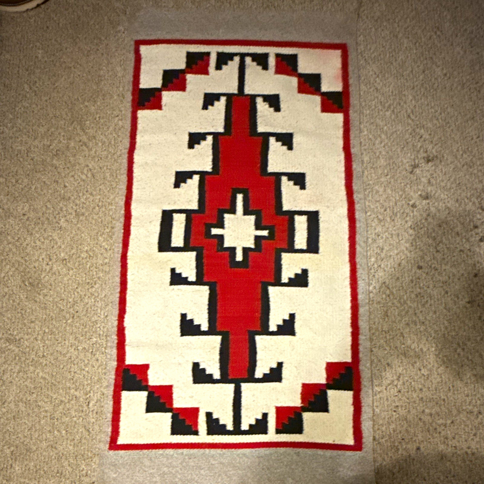 REPRO Southwestern Navajo Woven Rug Textile Red Black White Geometric 58 REPRO Southwestern Navajo Woven Rug Textile Red Black White Geometric 58