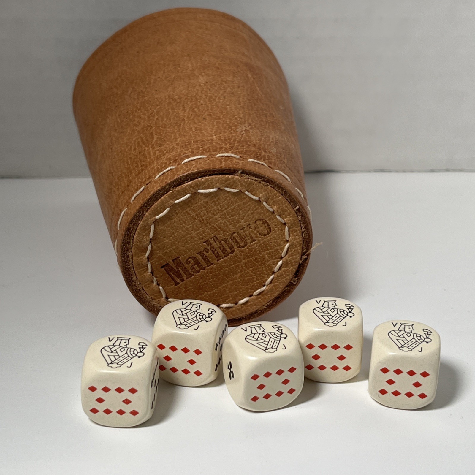 VTG Very Rare Marlboro Leather Cup Dice Shaker Hand Stitched Poker Dice 3 3/8”H VTG Very Rare Marlboro Leather Cup Dice Shaker Hand Stitched Poker Dice 3 3/8”H