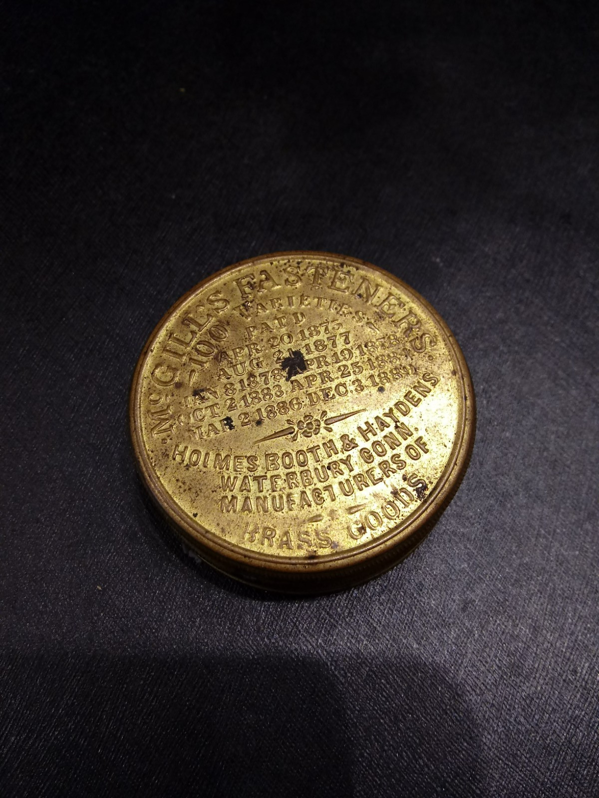 Antique Advertising Tin Mcgill's Brass Fasteners New York 1886