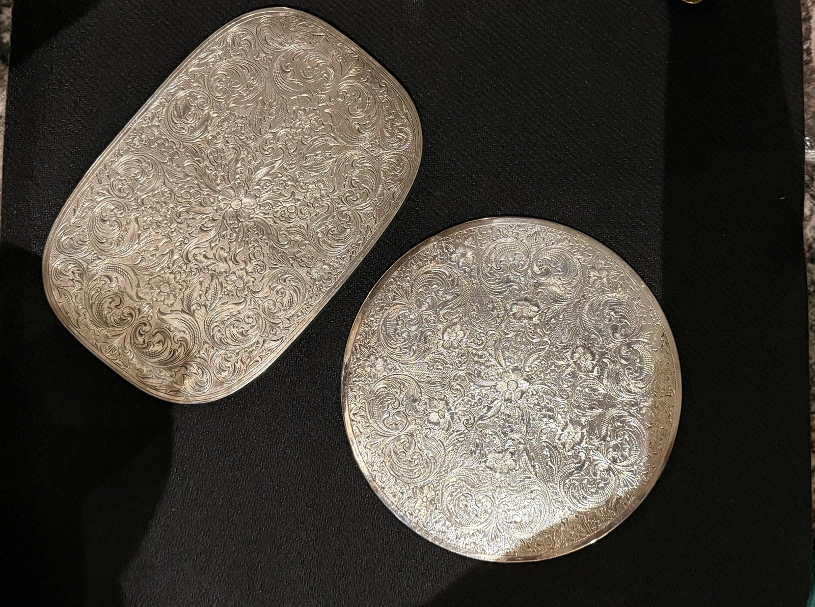 Vintage C.C.H. Silver Plated Vanity Tray Set Floral Engraved Round & Oval Pair