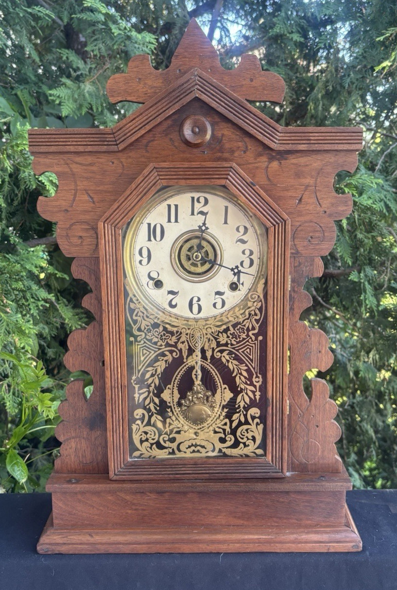 1891 Gilbert OWL Animal Series Birds Gingerbread Mantle Alarm Clock - SEE VIDEO