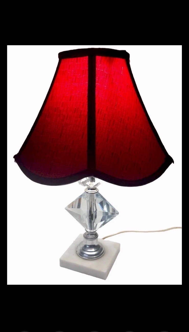 Cute Vintage Diamond Shape Crystal Chrome Marble Base Boudoir Table Lamp