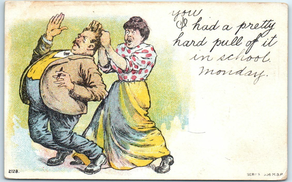Postcard - Woman Pulling The Man\'s Hair Comic Art Print
