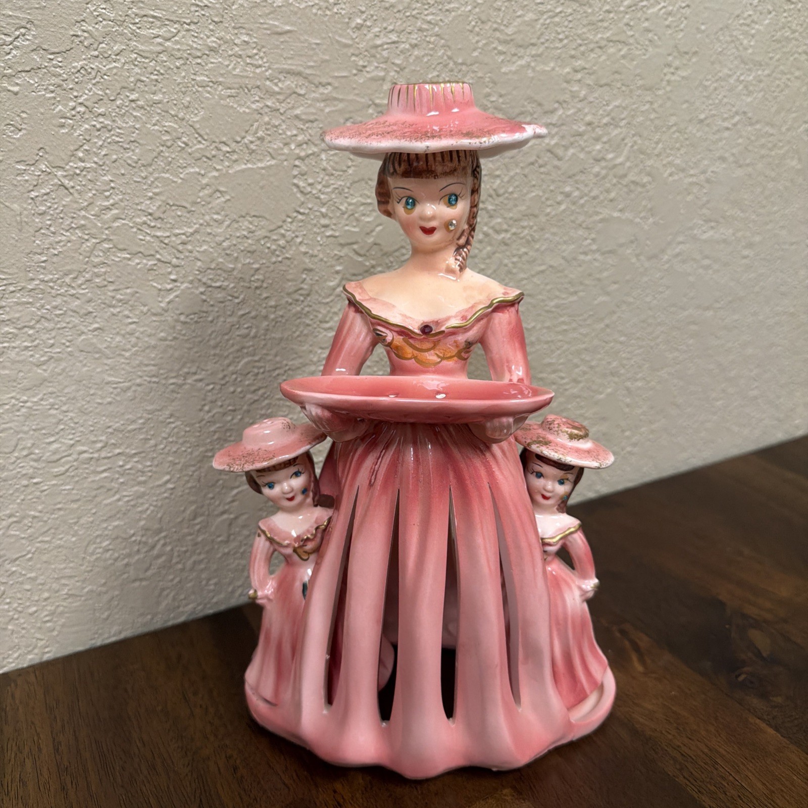 VTG 50's Ceramic Lady Napkin Toothpicks & Candle W/ Salt & Pepper Shakers PINK