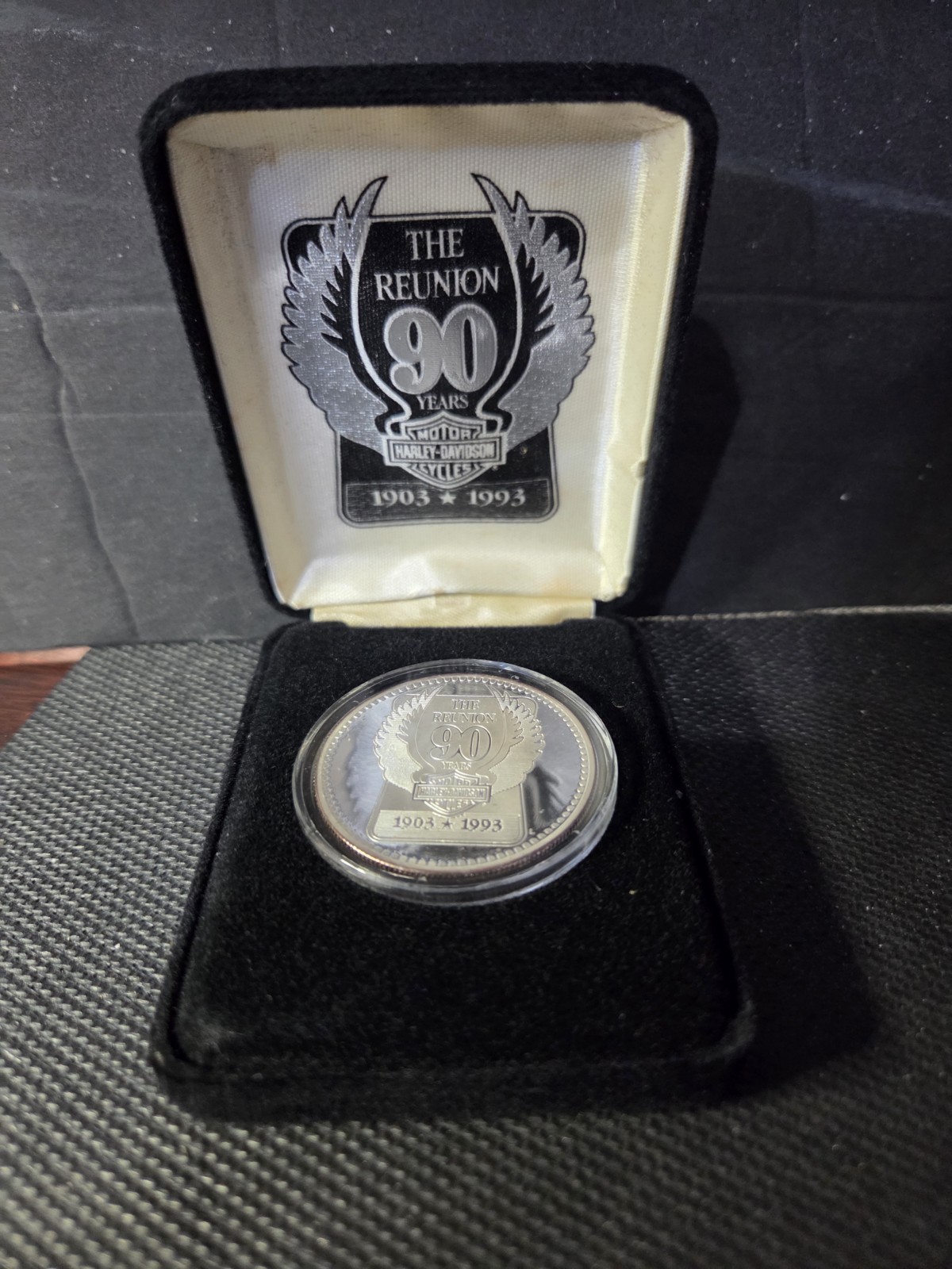 Harley Davidson Motorcycles 90 Year Employee Reunion Silver Coin, 1903-1993 Harley Davidson Motorcycles 90 Year Employee Reunion Silver Coin, 1903-1993