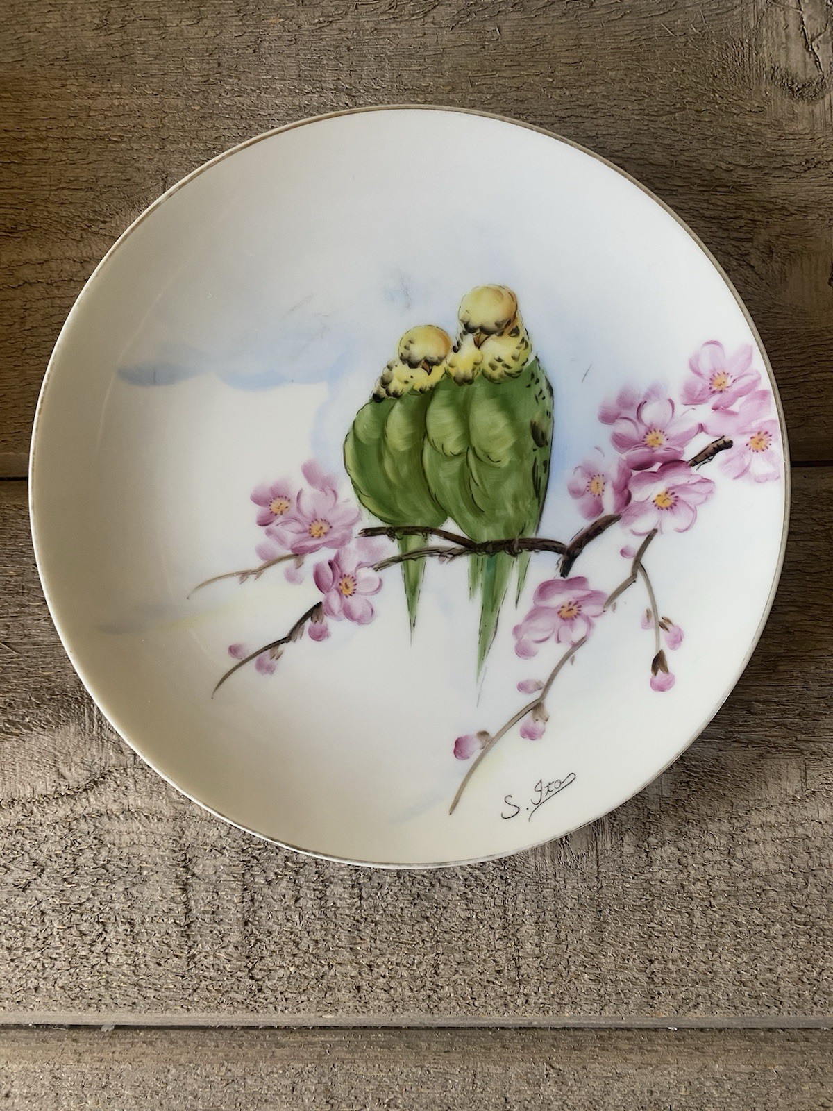 Vintage Hand Painted Porcelain Plate Parakeets Cherry Blossoms Made in Japan Vintage Hand Painted Porcelain Plate Parakeets Cherry Blossoms Made in Japan
