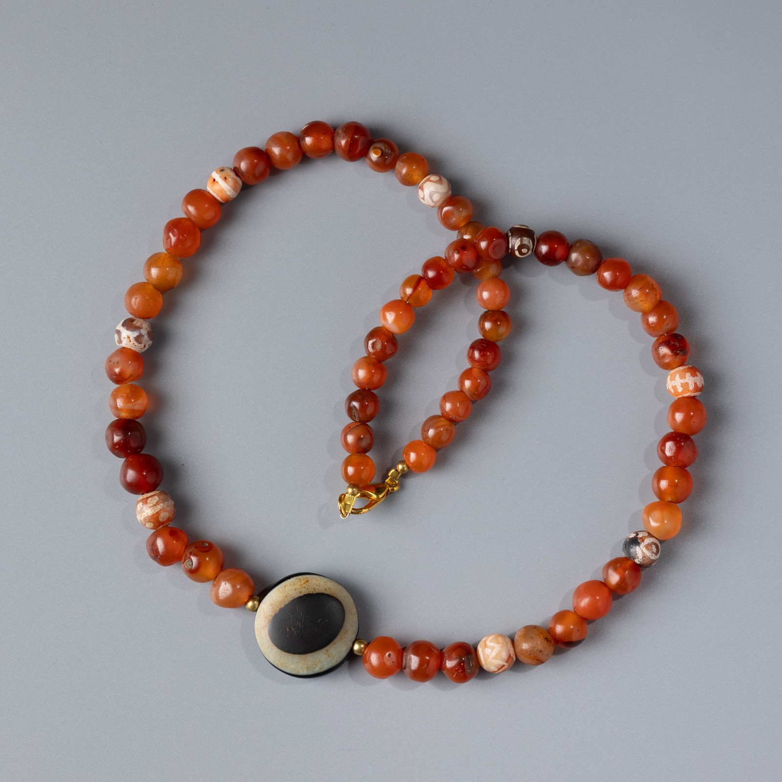 Old Indo-Tibetan Painted Carnelian Beads Necklace Luk Mik Eye Agate Bead