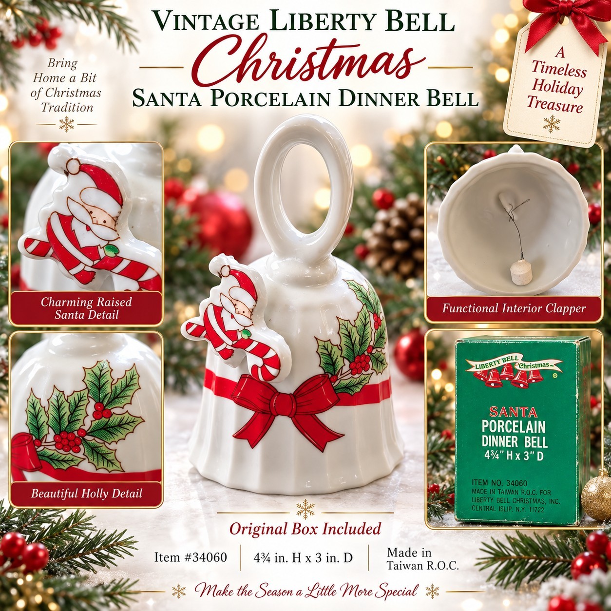 Vintage Liberty Bell Christmas Santa Porcelain Dinner Bell #34060 Boxed 4.75\