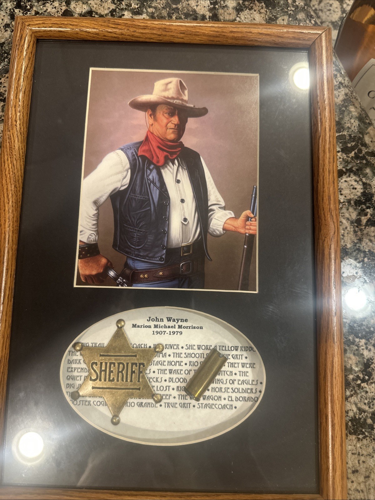Framed Vintage John Wayne Collectible Portrait With Gold Sheriff Badge And Bulle