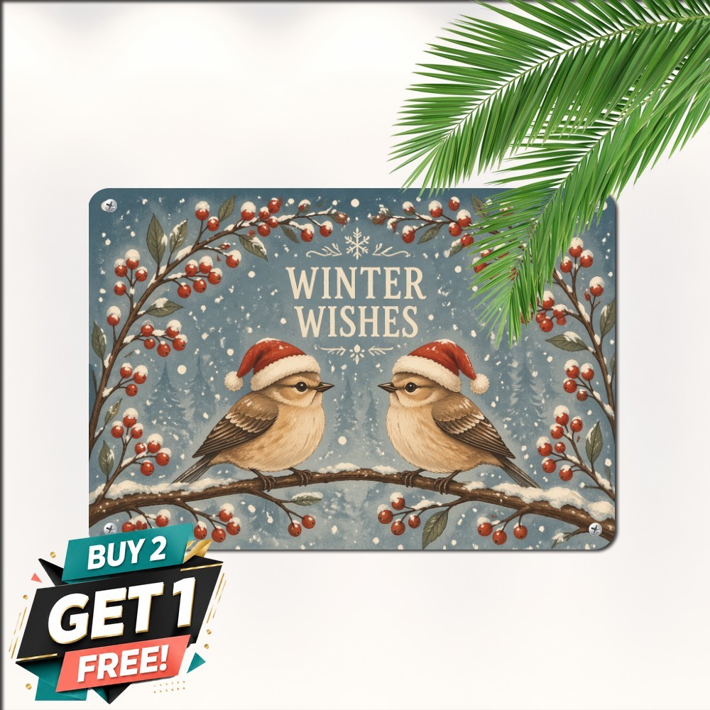 Two Winter Songbirds Holiday Poster Christmas Nature Tin Metal Wall Plaque