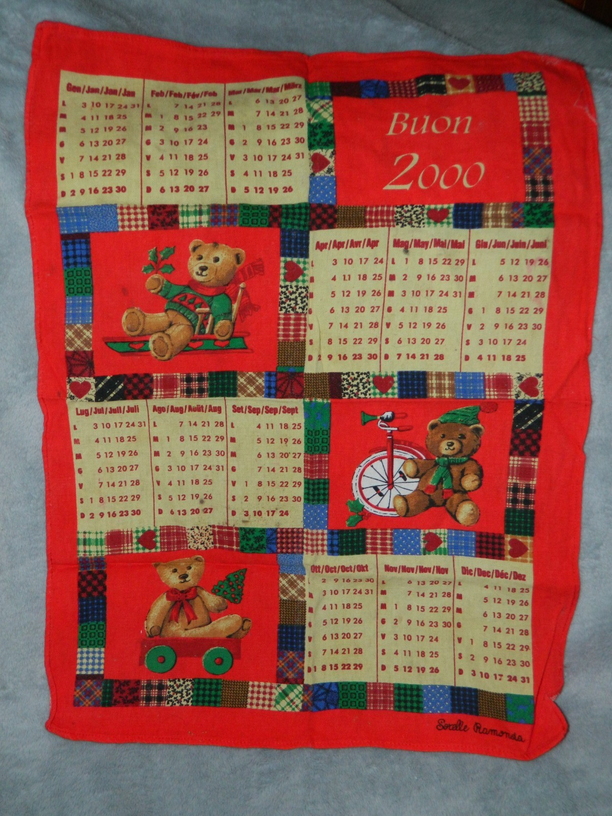 VTG Vintage Buon 2000 Sorelle Ramonda Italian Calendar Tea Towel Teddy Bears
