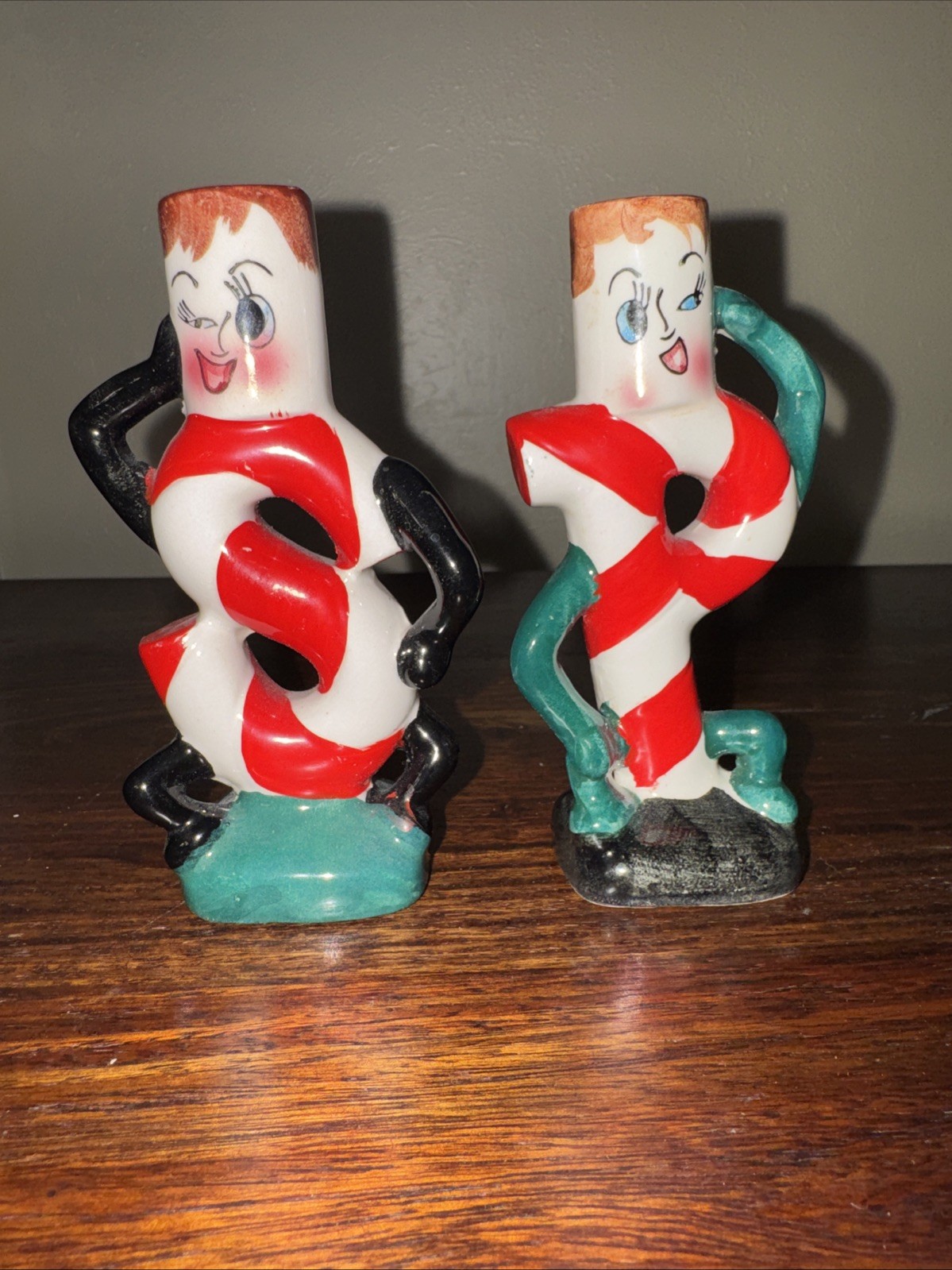 Vintage Japan Christmas Salt Pepper Shakers Candy Cane Anthropomorphic Winking
