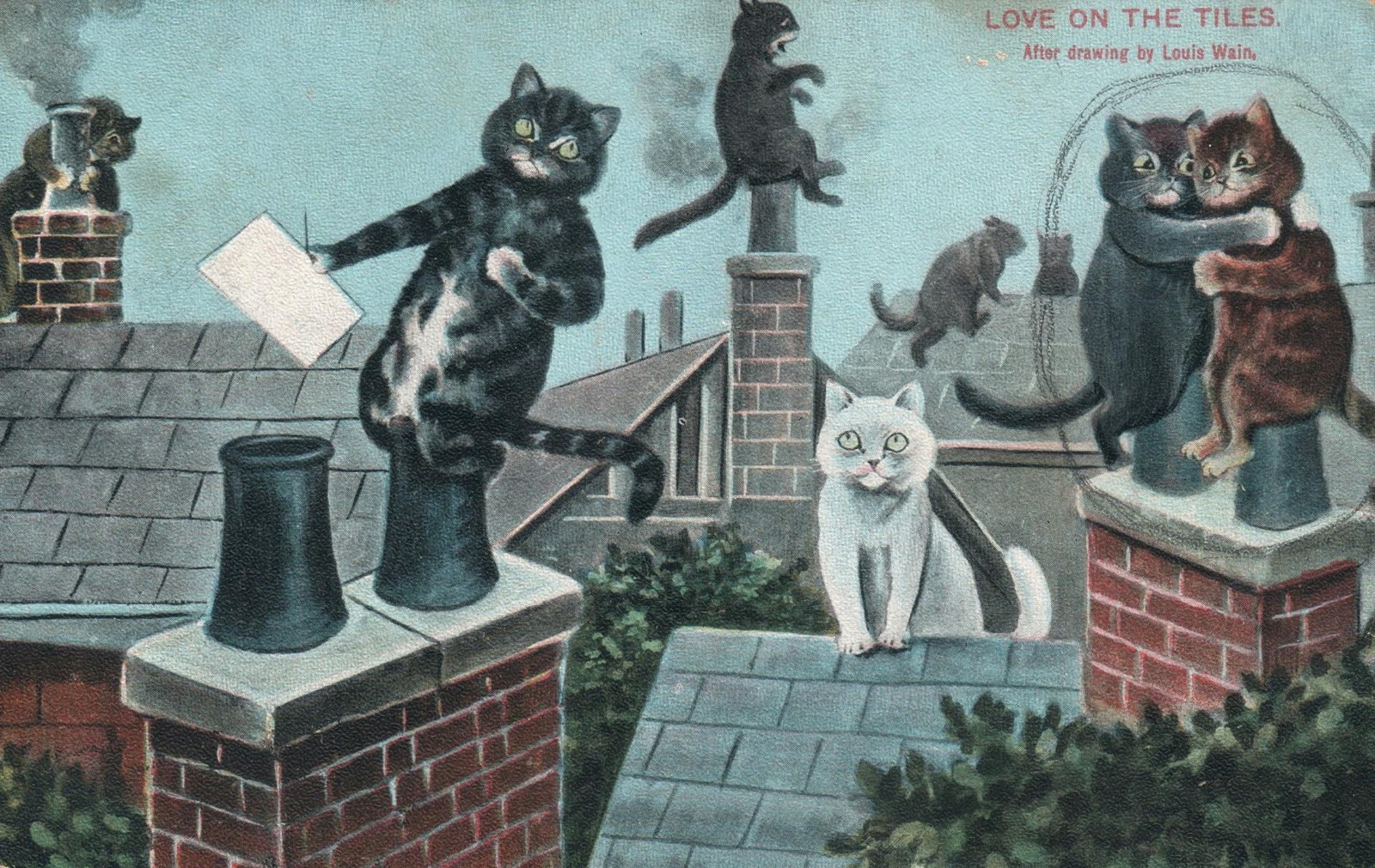 Antique Louis Wain Postcard Love on the Tiles Cats Beagles 1910 Lovers Message