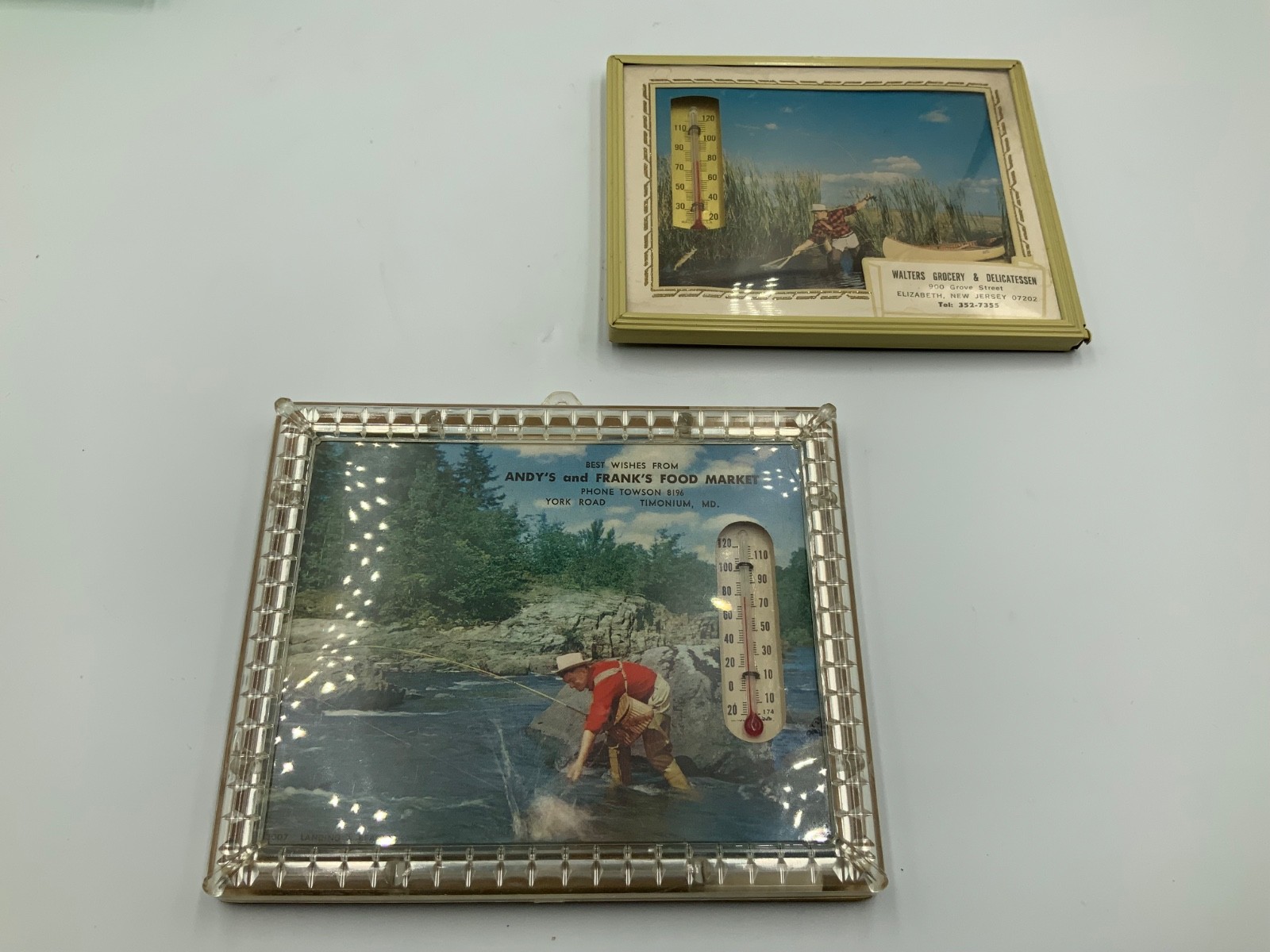 VTG 1940's Advertising Thermometers Fly Fishing theme framed 4X5 & 4.5x5.5 in.
