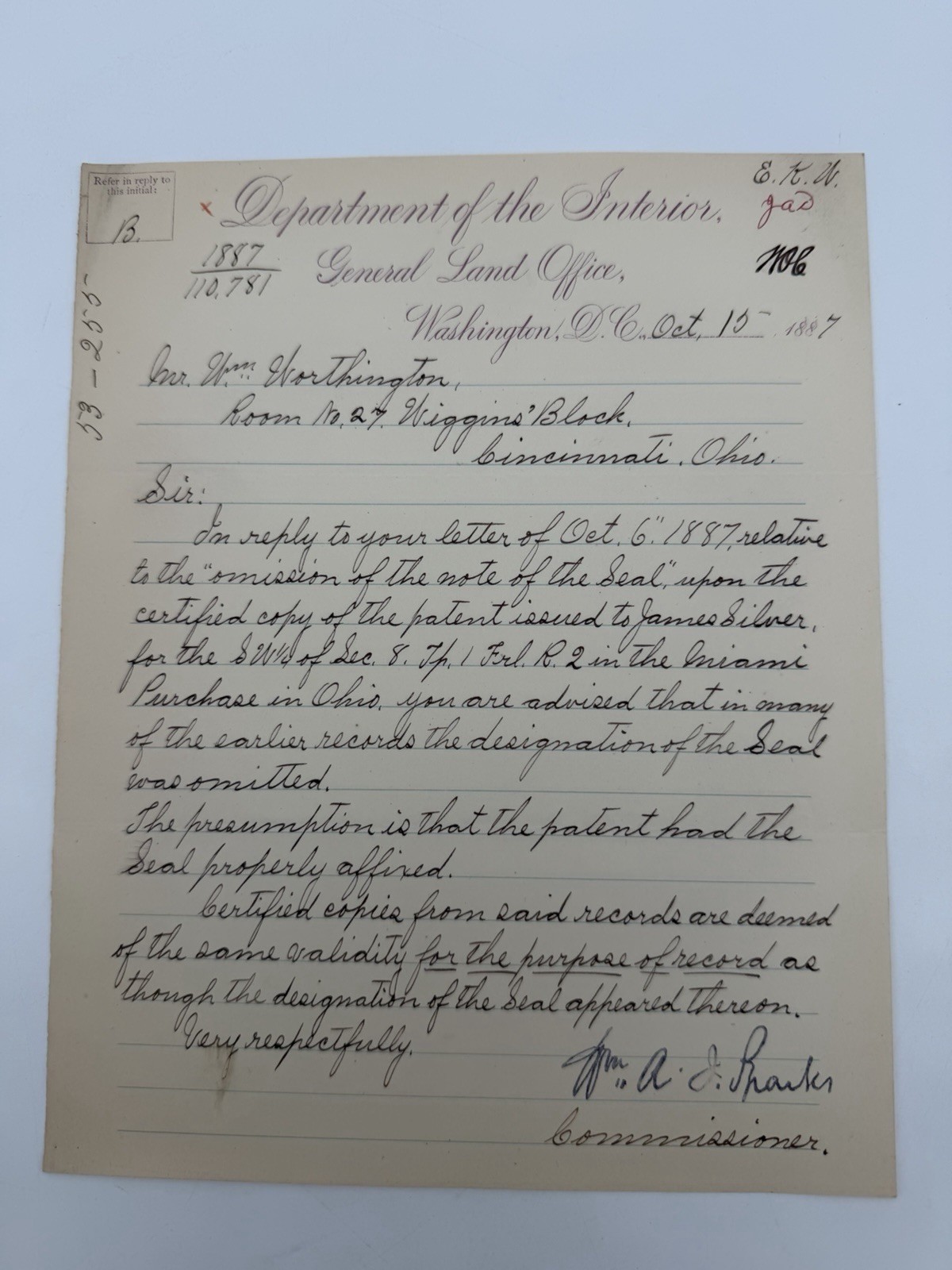 1887 William A J Sparks Signed US General Land Office Letter Ohio Land Patent