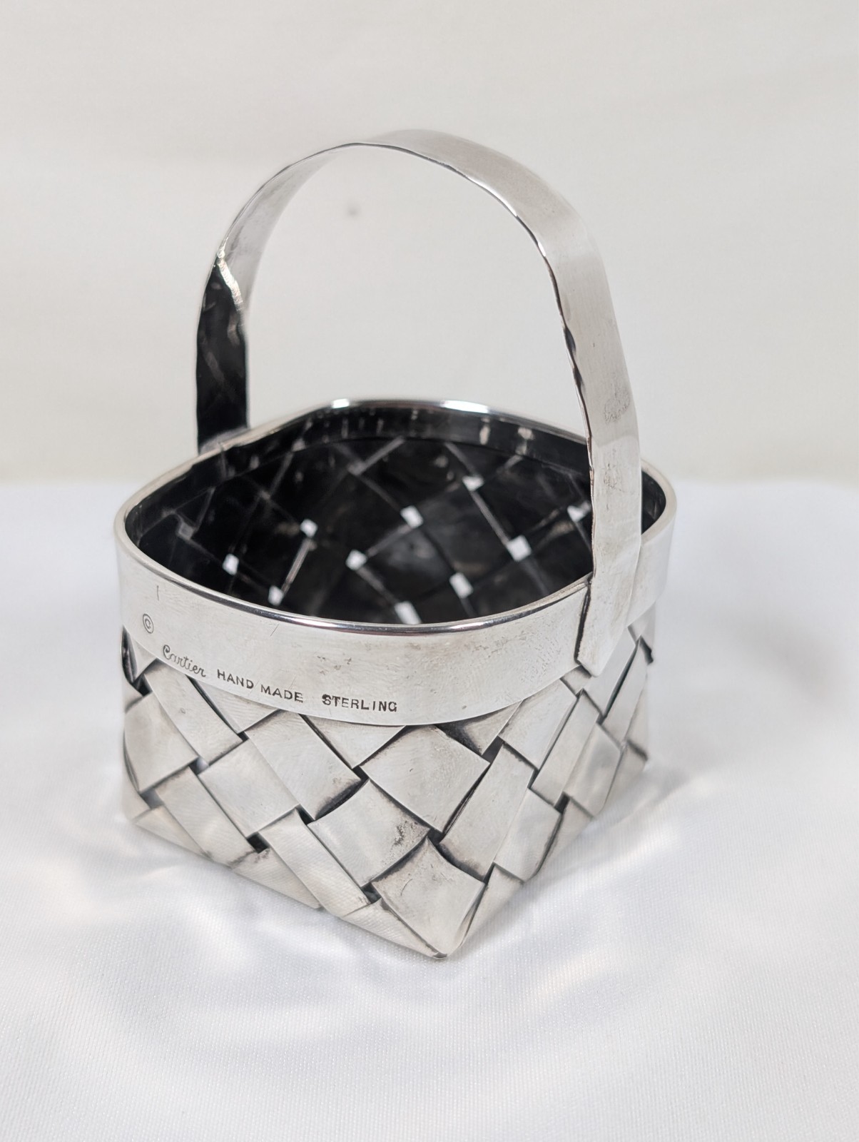 Cartier Handmade Sterling Silver Miniature Woven Basket 3 1/4 in 46.61g