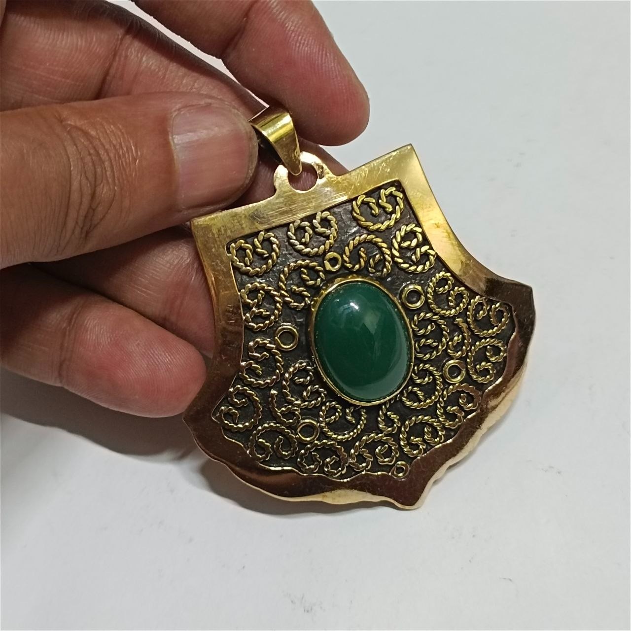 Ancient Egyptian copper necklace, handmade jewelry with green stone charm